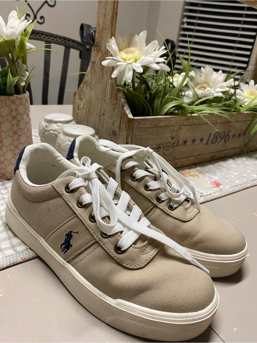 Polo by Ralph Lauren Taupe Canvas Low-Top Sneakers with White Laces